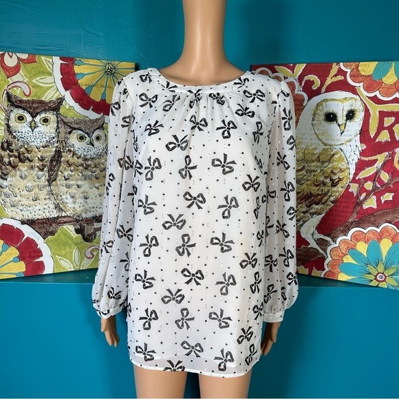 Talbots Tops - Talbots Blouse Plus Size Women's XL Sheer Long Sleeve Black White Bow Print